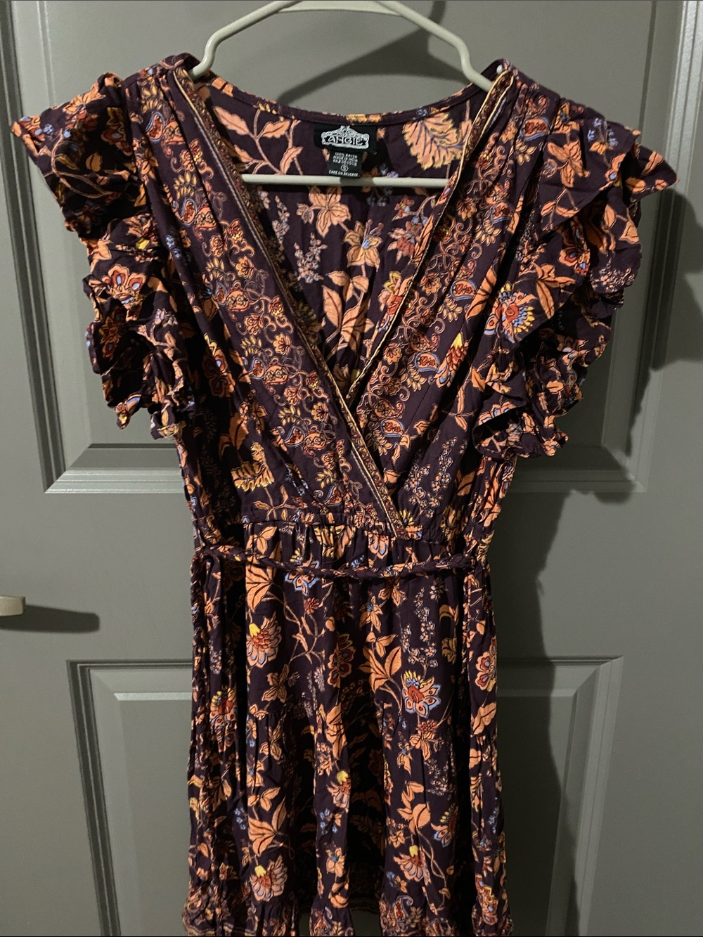 Angie Dark Plum Floral Wrap Dress with Peach and Blue Accents
